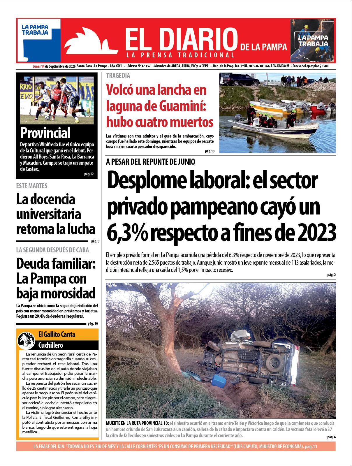 Tapa de El Diario en papel  lunes 14 de septiembre de 2026